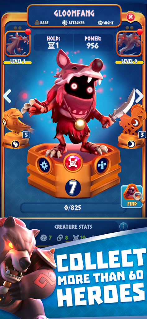 Profil du personnage Gloomfang dans Legend of Solgard, affichant les statistiques du héros et les fonctionnalités de collection