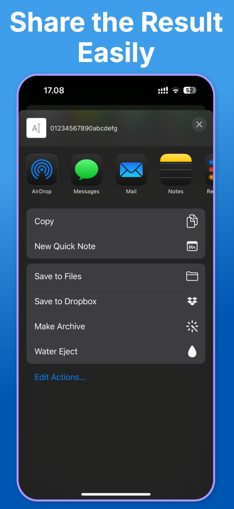 Bar Code Reader ™ - A mobile phone screen showing various options to share and copy scanned barcode results like AirDrop, Messages, and Mail.