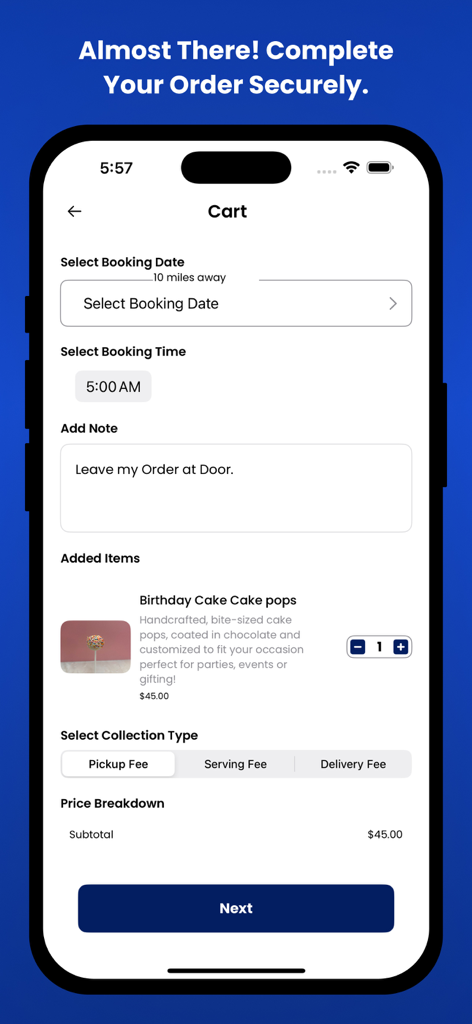 OneStop: For Every Event - Schermata del carrello dell'app OneStop per prenotare servizi per eventi e articoli per catering