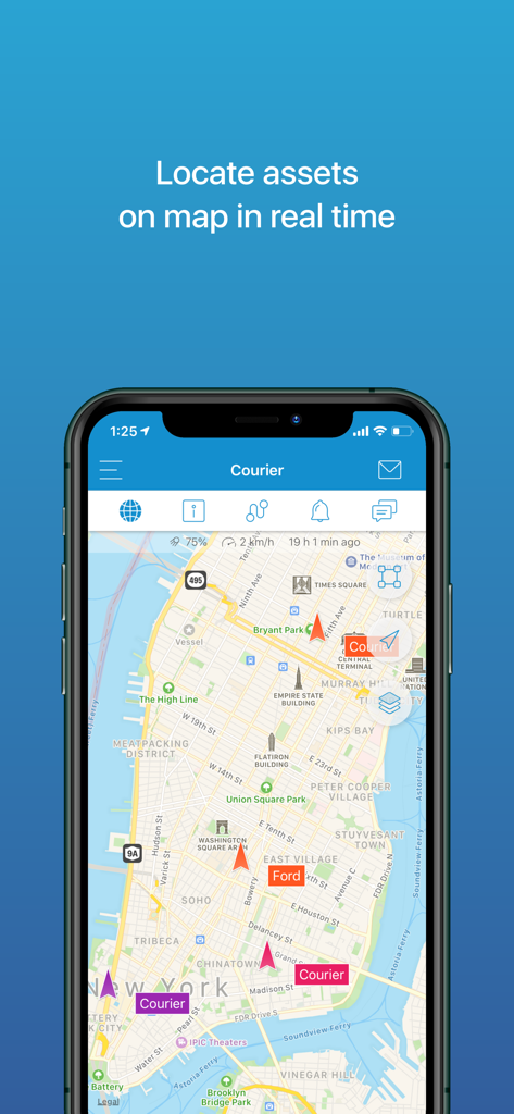 X-GPS Monitor app interface displaying real-time asset tracking on a city map