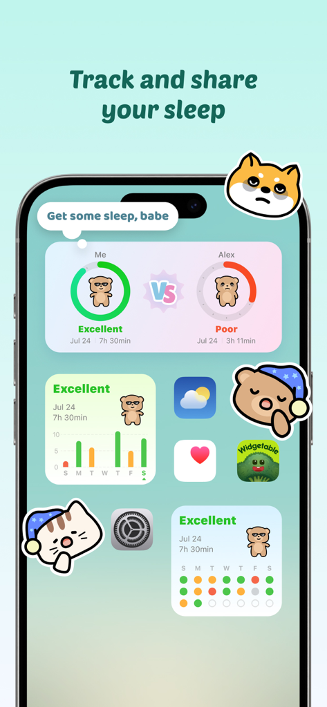 귀여운 미적 스티커가 있는 커플을 위한 Widgetable 수면 추적 위젯을 특징으로 하는 아이폰 홈 화면