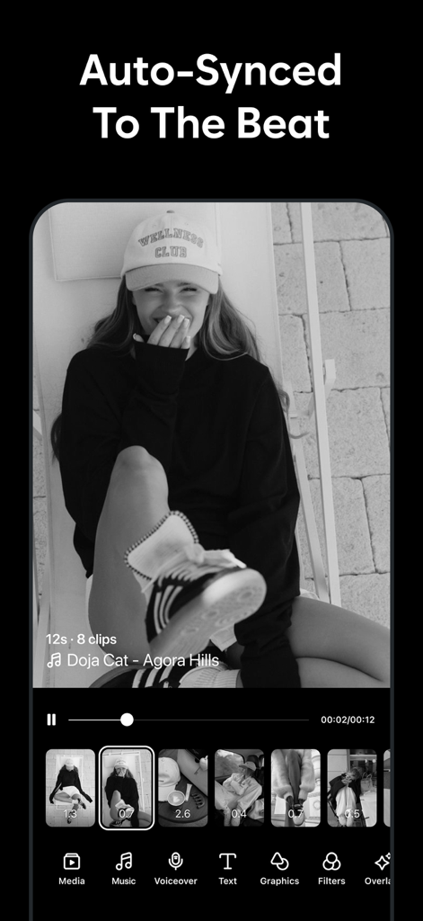 Mobile video editor interface demonstrating the auto sync to the beat feature with multiple clips