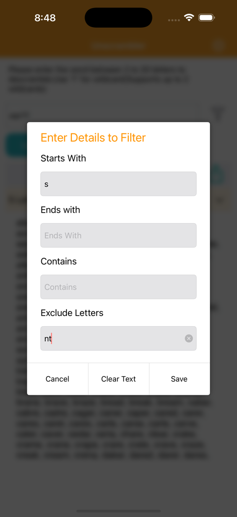Unscrambler-Word - A pop up menu showing word search filters like starts with and exclude letters