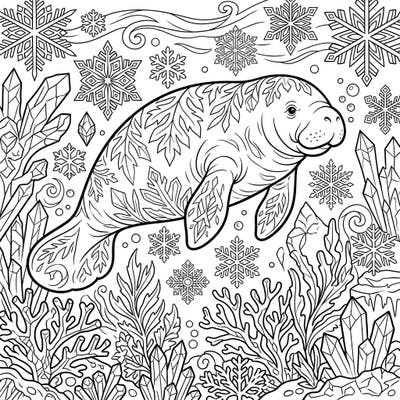 Embark on a unique creative journey with this captivating coloring page featuring a graceful manatee navigating an icy underwater realm. It's a perfect blend of marine life and winter magic, ready for your artistic touch.