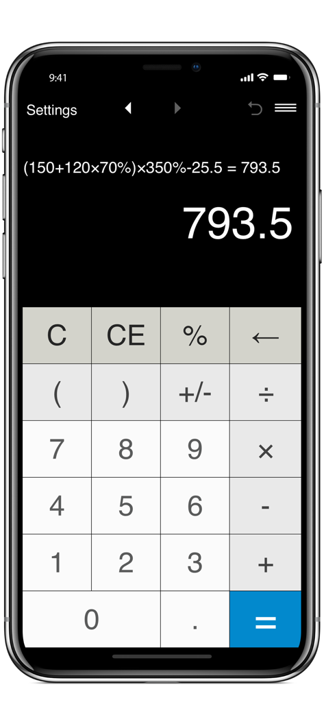 Interfaccia di app mobile che mostra calcoli matematici complessi con parentesi e percentuali