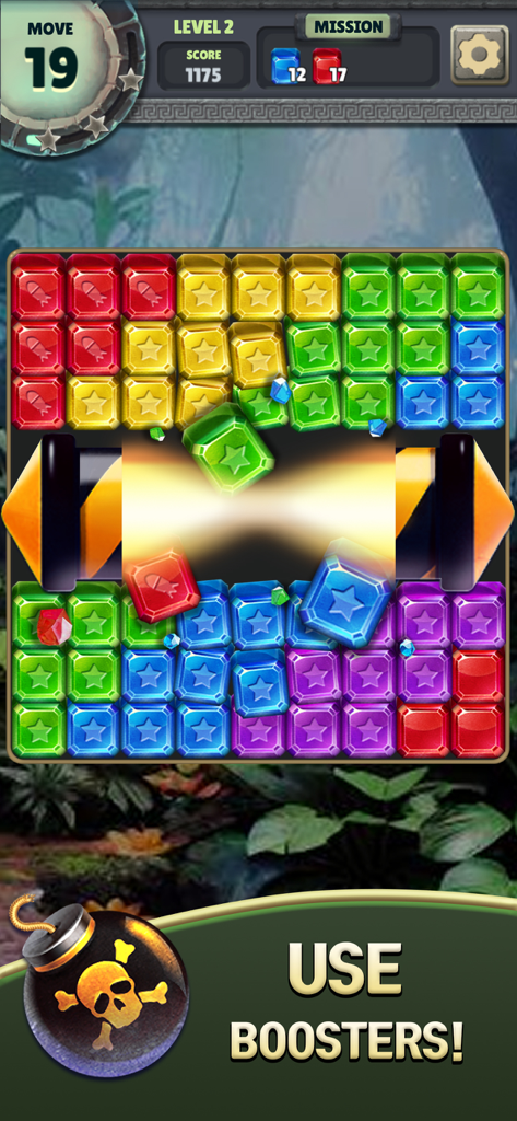 Gameplay screenshot of Jewel Blast Temple featuring a jewel matching puzzle and a powerful booster explosion