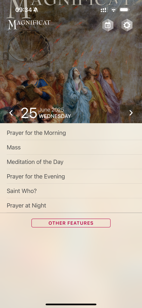 Pantalla de inicio de la aplicación Magnificat con el menú de oración diaria y arte sacro