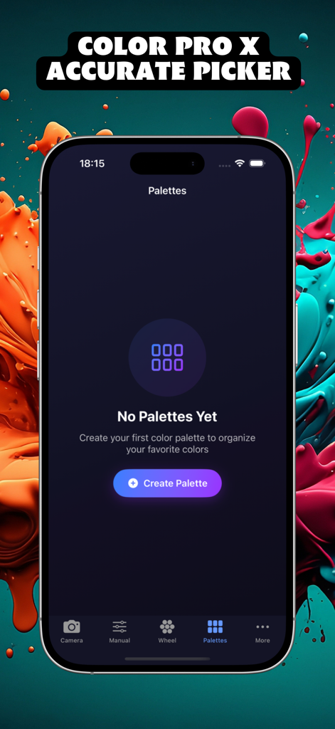 Color Pro X Accurate Picker - Interfaz de la aplicación Color Pro X Accurate Picker que muestra la pantalla de paletas vacía con un botón para crear paleta