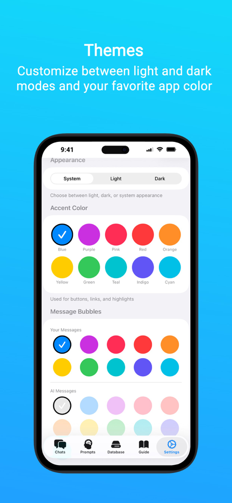 Private AI: Document Chat - Private AI app theme customization screen showing options for light and dark modes and various accent colors