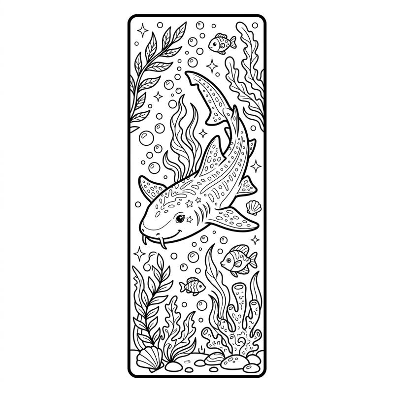 Embark on an underwater coloring journey with this charming Nurse Shark bookmark. This delightful design features a friendly nurse shark surrounded by captivating ocean life, perfect for bringing your books to life.