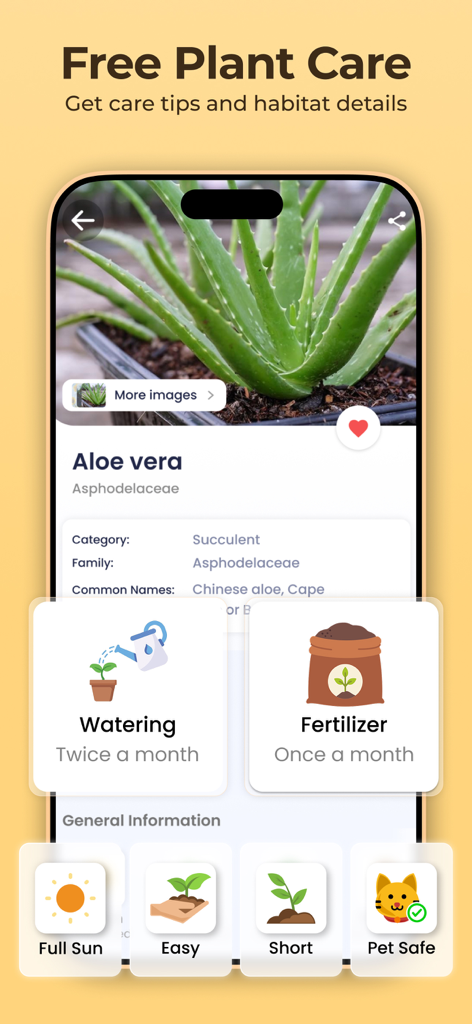 Plantora- Plant Identify, Care - Plantora app interface showing detailed care instructions and habitat details for an Aloe vera plant.