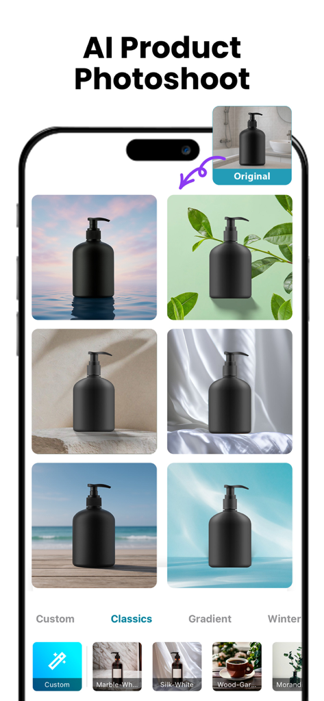 KI-Produktfoto-Funktion in Promeo, die eine schwarze Flasche mit verschiedenen KI-generierten professionellen Hintergründen zeigt