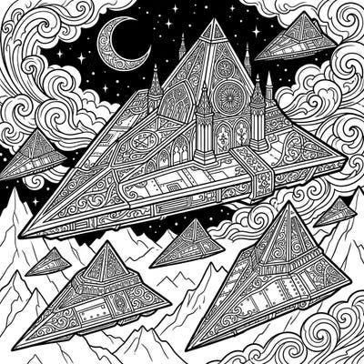 Dive into a world where sci-fi meets dark fantasy with this unique coloring page featuring Gothic Triangular UFOs. Discover intricate designs on mysterious spacecraft soaring over dramatic landscapes.