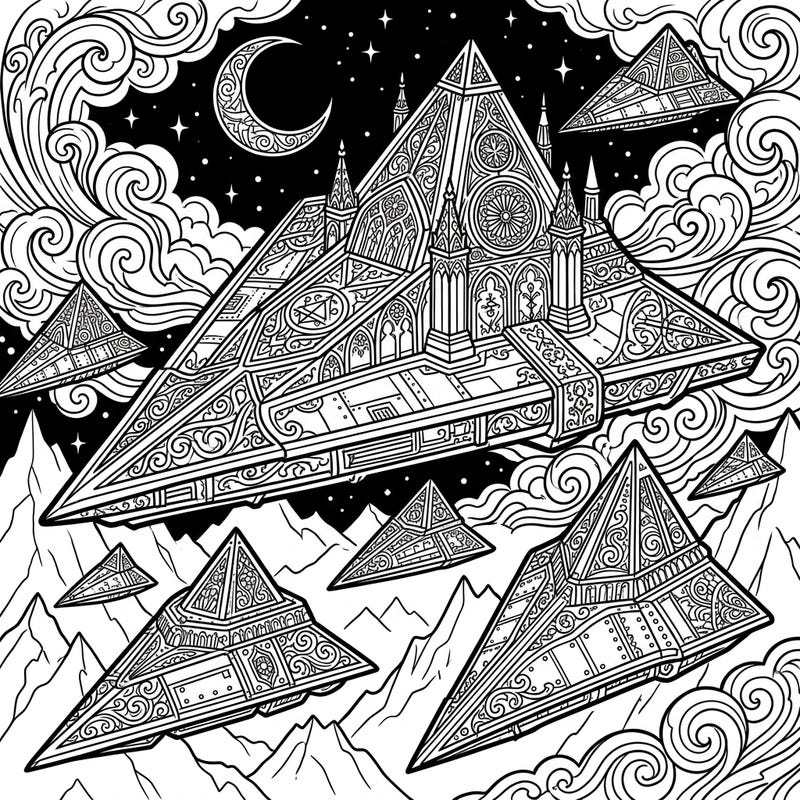 Dive into a world where sci-fi meets dark fantasy with this unique coloring page featuring Gothic Triangular UFOs. Discover intricate designs on mysterious spacecraft soaring over dramatic landscapes.