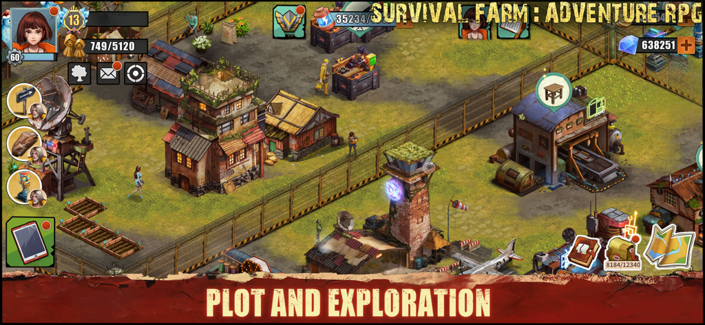 Jugabilidad de Survival Farm Adventure RPG que muestra la construcción de bases y la exploración postapocalípticas.