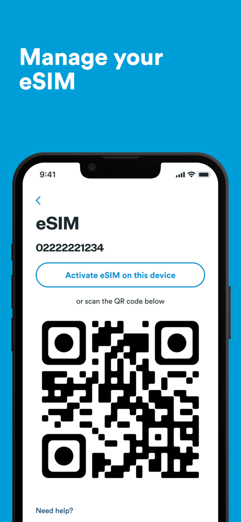 Écran de l'application mobile 2degrees NZ affichant les options pour gérer et activer une eSIM avec un code QR.