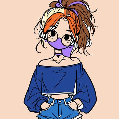 girl with a messy ponytail glasses a baggy crop top and jean shorts