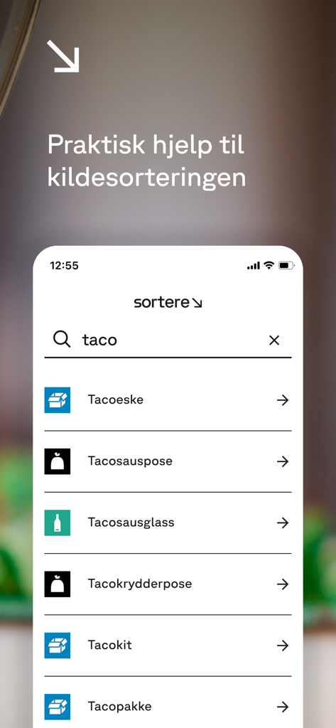 Sortere - A smartphone screen displaying the Sortere app with search results for recycling various types of taco packaging.