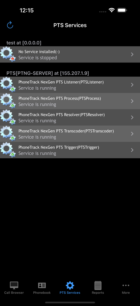 PTS Services Statusbildschirm in der PhoneTrack NexGen Mobile App