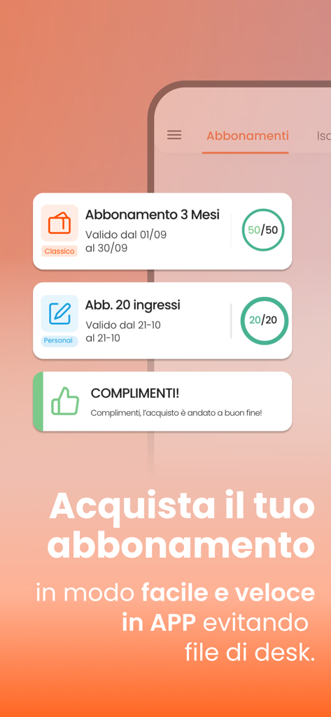 Mobile app interface showing gym membership options and a successful purchase confirmation message