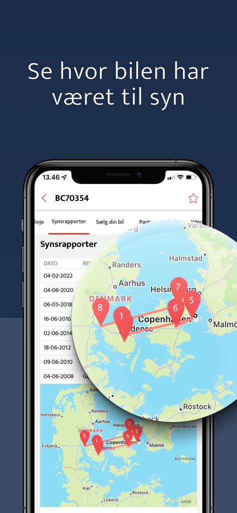 TjekBil - tjek nummerplade - A mobile app screen showing a map with numbered pins indicating where a vehicle has undergone historical inspections.