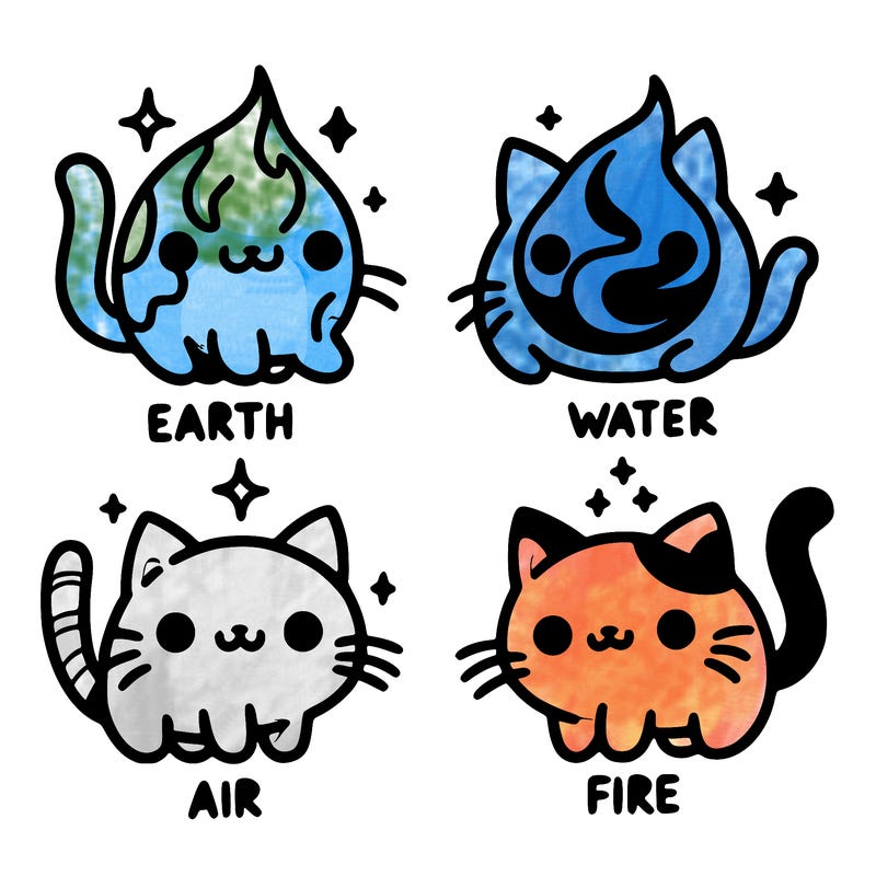 4 cats that represent the different elements, earth, water, air, and fire