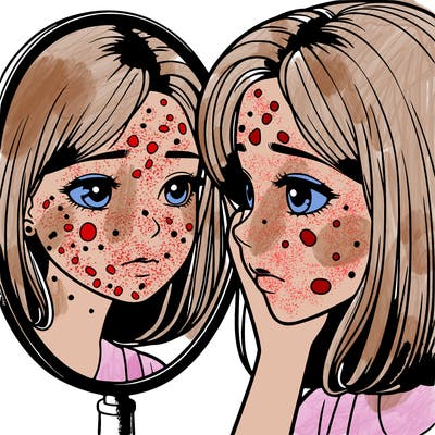 girl, realistic, looking depressed looking in the mirror, has acne and pimples all over her face
