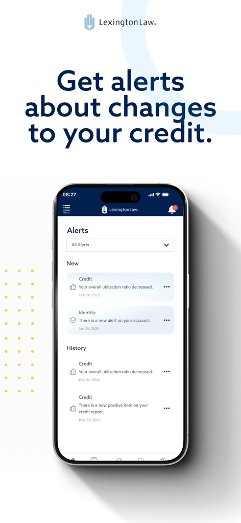 Lexington Law - Credit Repair - Lexington Law app interface displaying credit change alerts and history