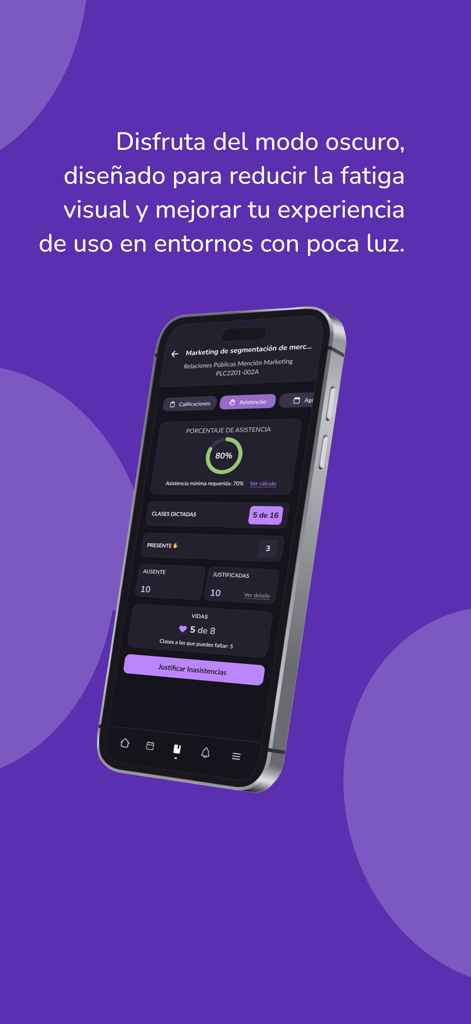 Vivo Duoc UC - A smartphone screen displaying the Vivo Duoc UC app in dark mode with attendance metrics and a circular progress bar.
