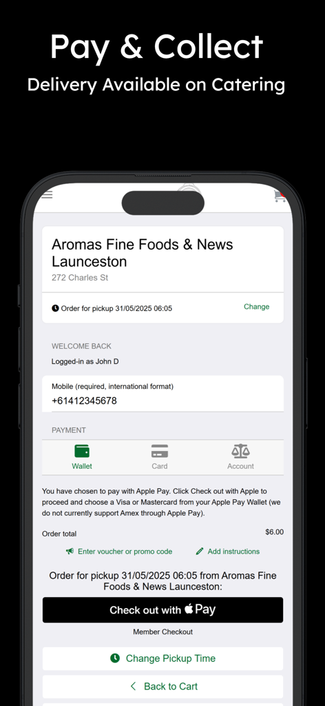 Aromas Cafe - Aromas Cafe mobile app checkout interface showing Apple Pay and scheduled pickup options