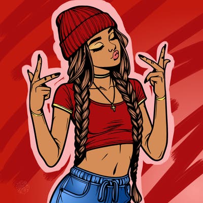realistic teenage girl with braids and a beanie and crop top doing 🫶🏼