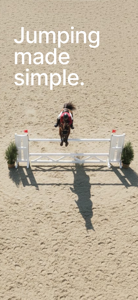 Jumpr - Aerial view of a horse and rider jumping over a white hurdle in a sand arena