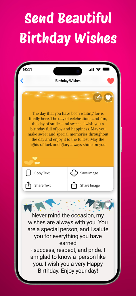 Interface d'application mobile montrant des vœux d'anniversaire sélectionnés avec des options pour copier et partager des messages sous forme de texte ou d'images