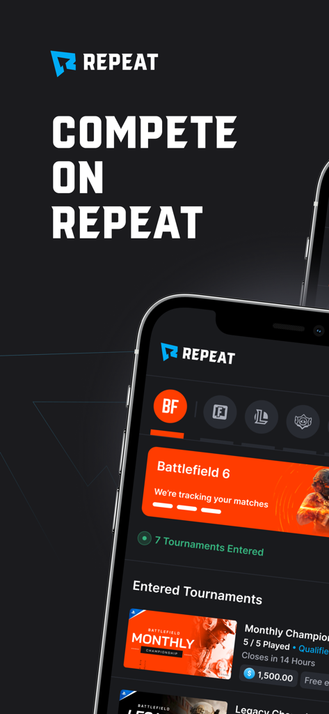 Mobile screen of the Repeat.gg app showing automated gaming tournament tracking and entered competitions.