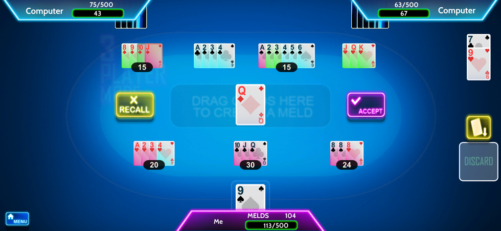 Classic Rummy 500 card game - Gameplay screen of Classic Rummy 500 card game with card melds and AI opponents.