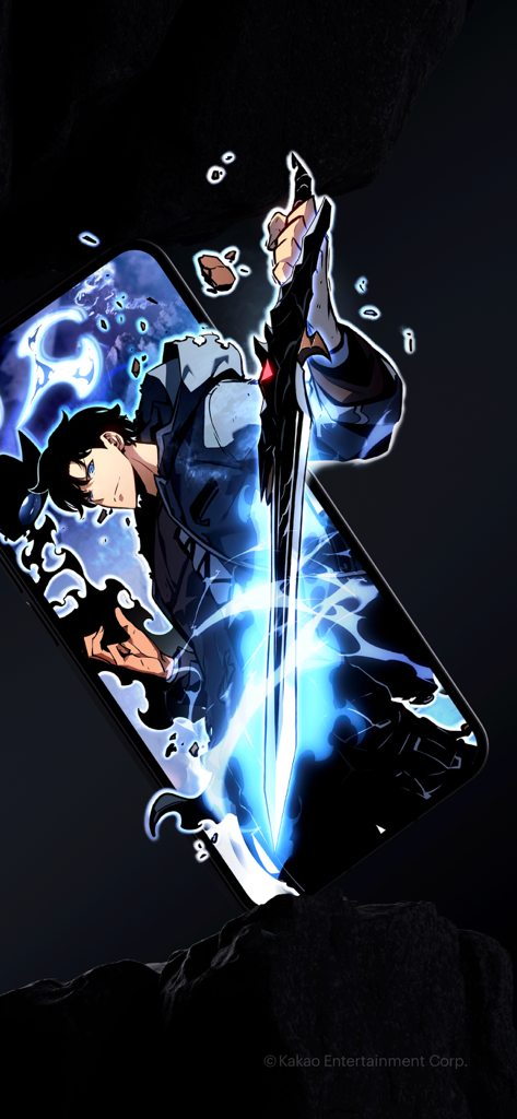 Un personaje de Manhwa de acción con una espada azul brillante saliendo de la pantalla de un teléfono inteligente