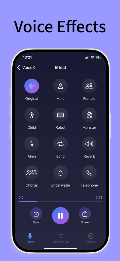 VoiceX - AI voice changer - VoiceXアプリのインターフェース。男性、女性、ロボット、エイリアンなどのさまざまなボイスエフェクトを表示しています。