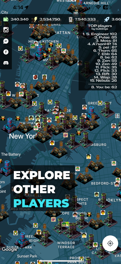 Gameplay-Screenshot von Real World Map War Strategy, der Industriegebäude und Spieler-Avatare auf einer Karte von Manhattan, New York, zeigt