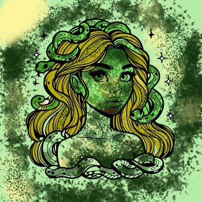 realistic girl with snakes as hair