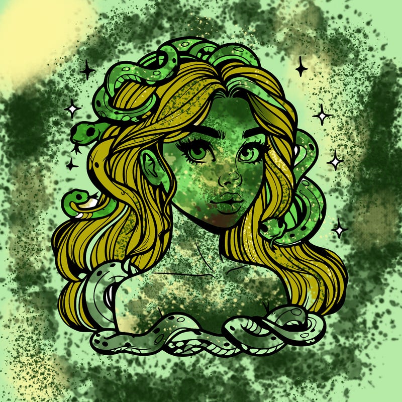 realistic girl with snakes as hair
