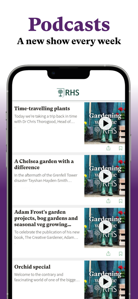 RHS The Garden - The weekly podcast section in the RHS The Garden app featuring various gardening topics and experts.