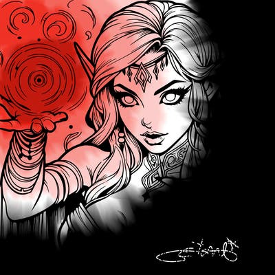 realistic scary beautiful elf sorceress casting spell