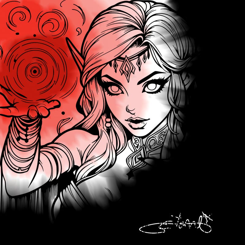 realistic scary beautiful elf sorceress casting spell