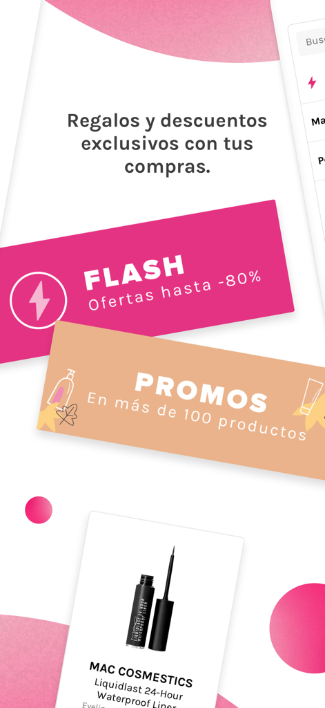 Perfumerías DRUNI - Interface of the Druni app showing flash offers and exclusive discounts on beauty products like MAC cosmetics.