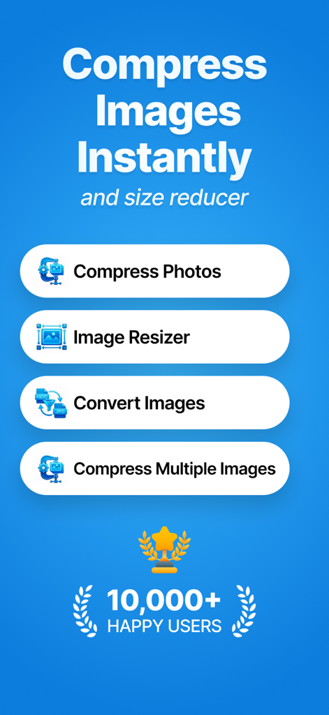 Compress Photos & Size Reducer - 写真圧縮、リサイズ、変換オプションを表示するCompress Photosアプリのメインメニュー