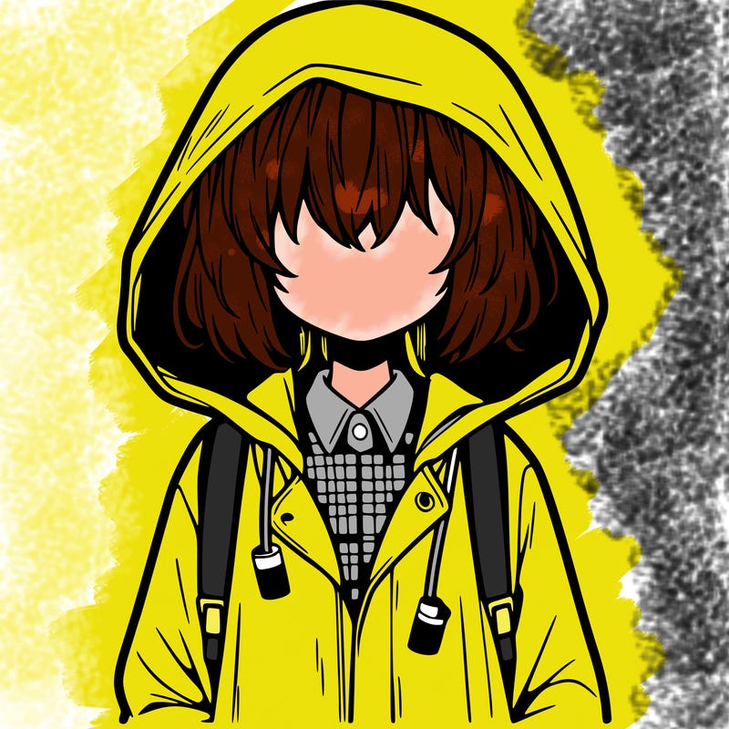 little anime girl in a raincoat her hair is covering her eyes she has a lighter