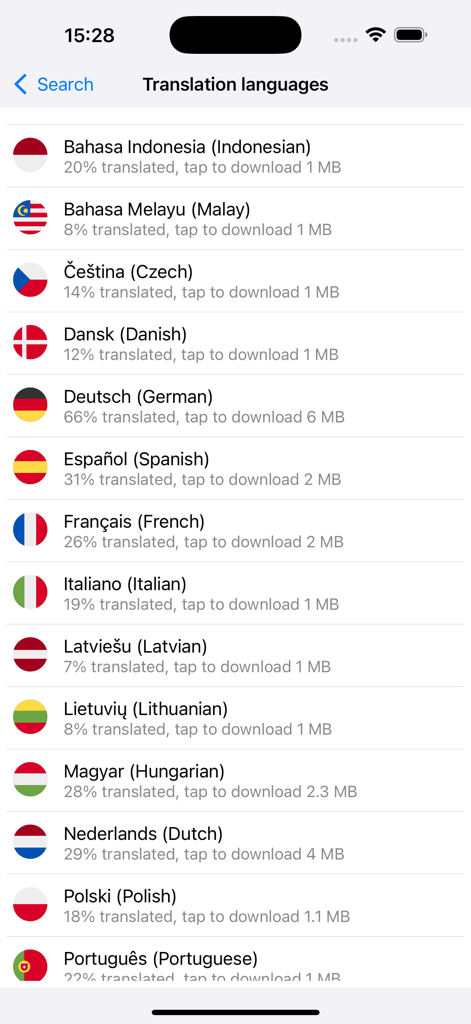 Japanese Dictionary Takoboto - A menu showing multiple translation languages like German and French available for download in the Takoboto Japanese Dictionary app