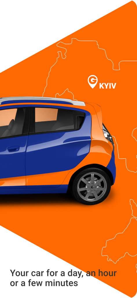 A blue and orange branded car with a Kyiv location marker and text about renting for a day, hour, or few minutes.