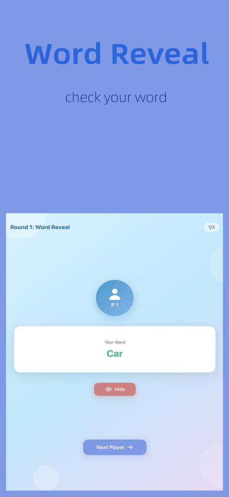 UnderCover: DIY - The word reveal screen in the UnderCover DIY app showing a secret word for the first player
