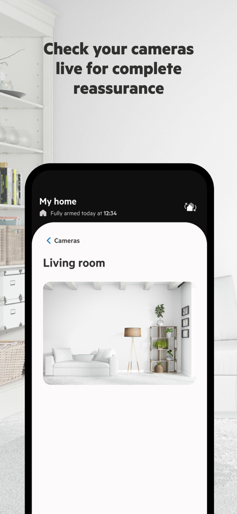 Sector Alarm mobile app interface showing a live security camera feed of a modern living room